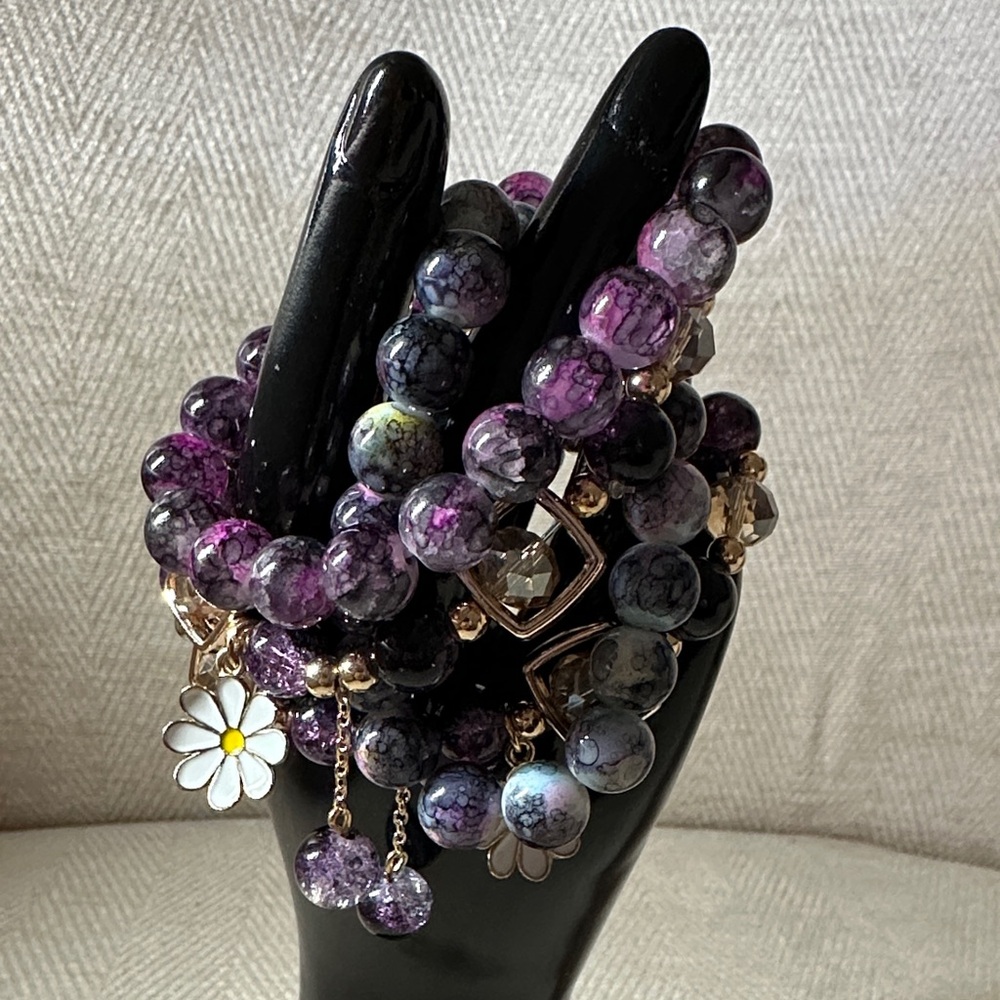 Bracelet Glass Purple and Gold Beaded Bracelet Set Of (4)